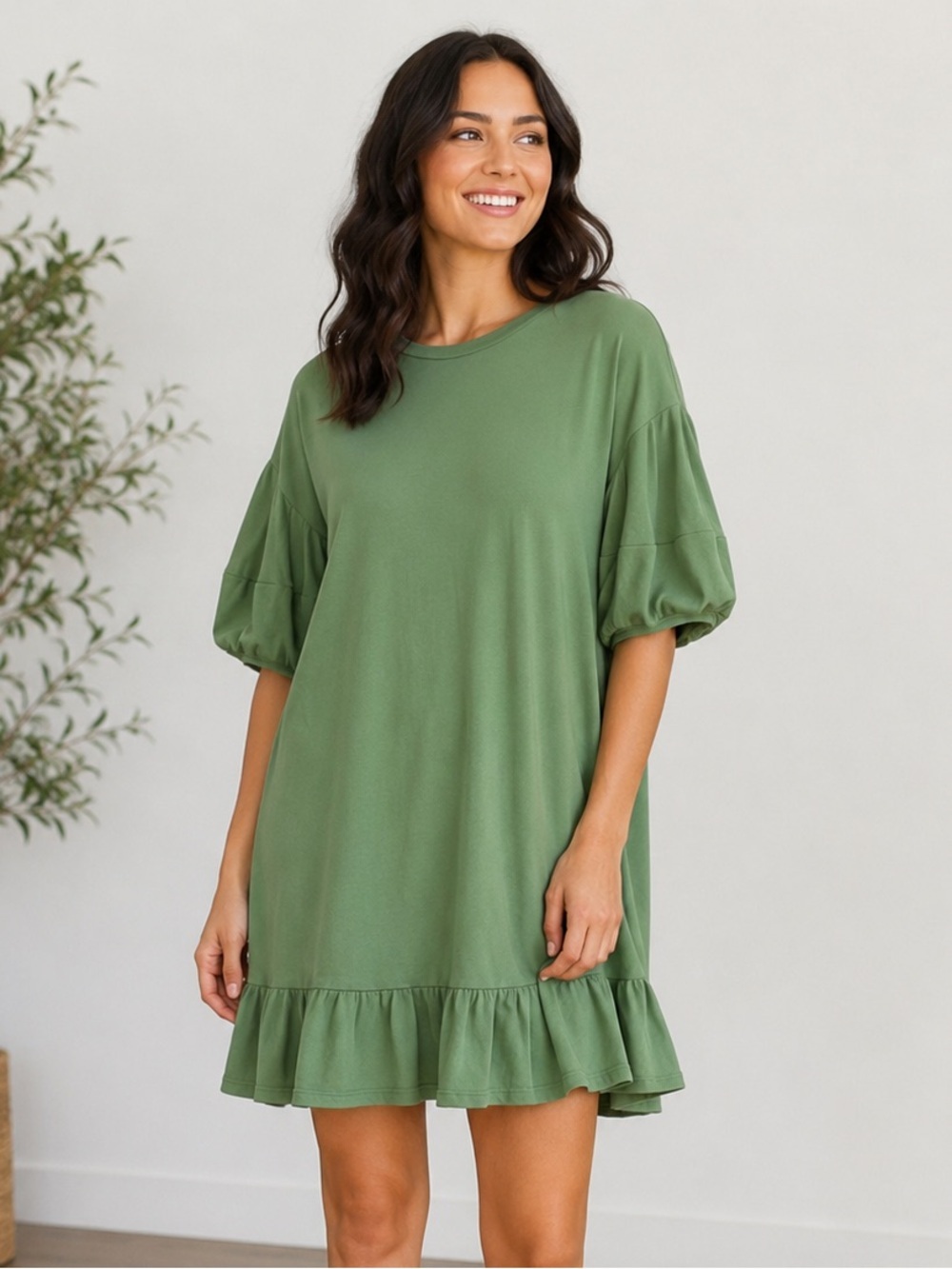 Scoop Sweatshirt Heather Green Dress with Ruffled Hem Women XXXL Stretch Casual